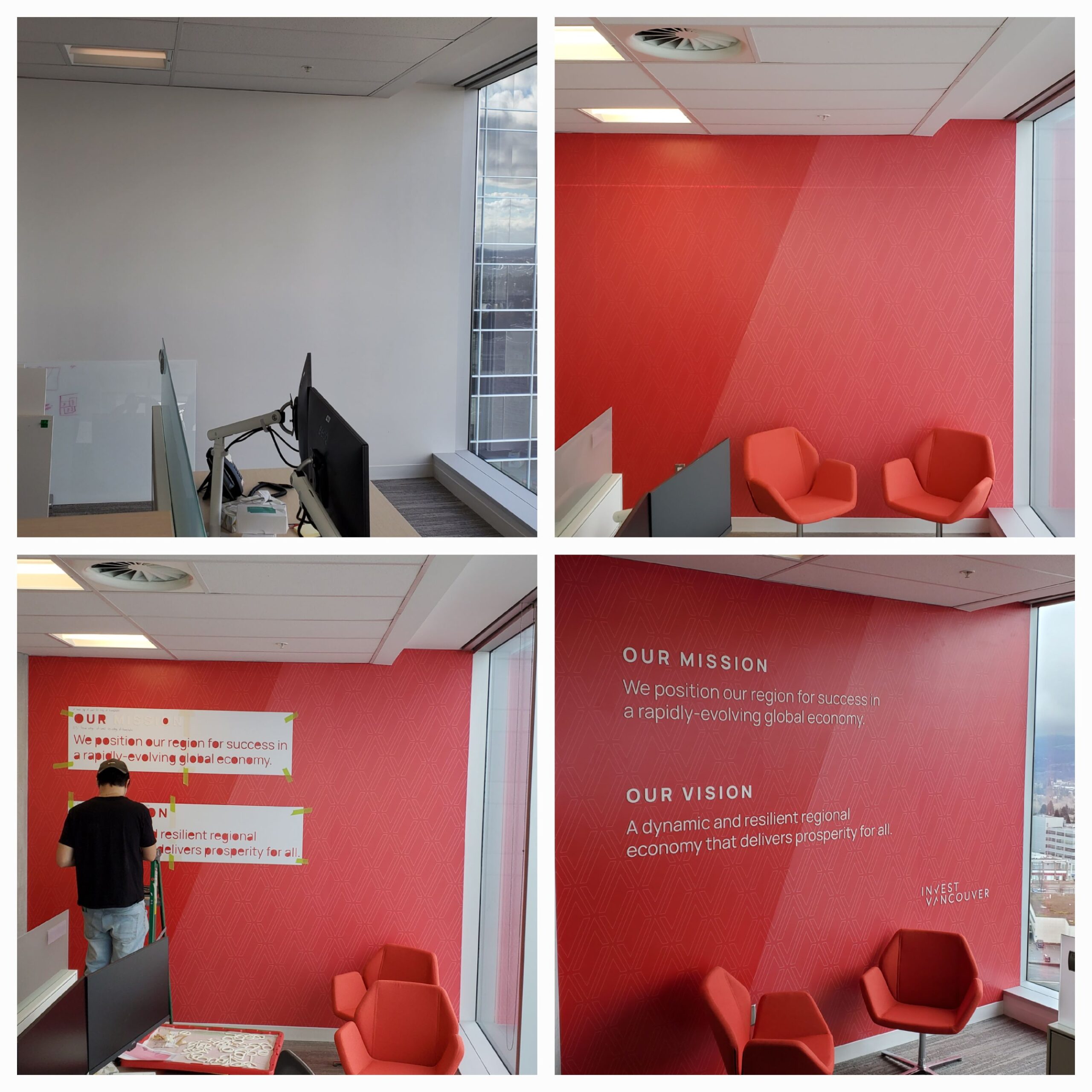 Custom Architectural printed wall mural with 3mm dimensional letters - 4 step progression RED