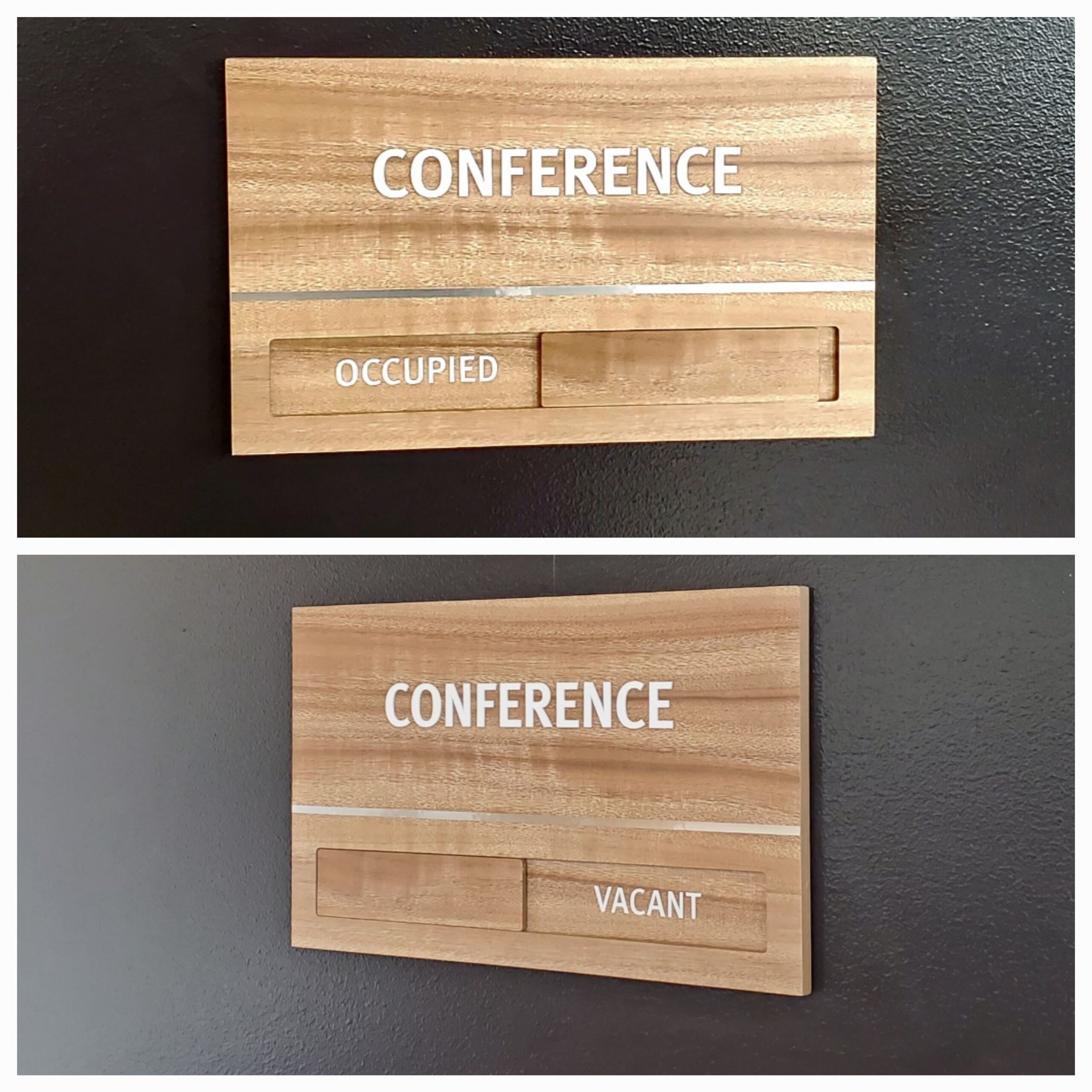 Custom Acrylic In Use slider Meeting Room Sign with 3M Dinoc Wood Vinyl on face