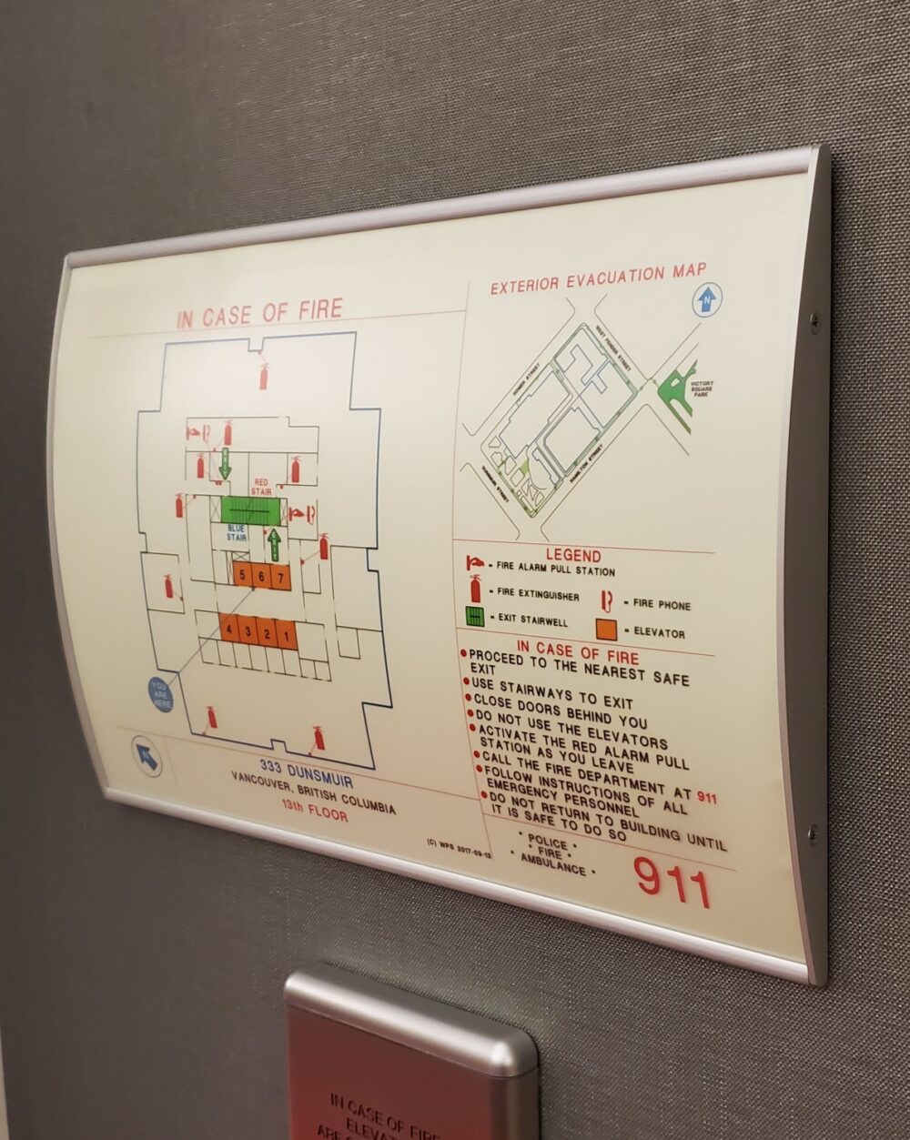 Changeable VSC300-17L Fire Evacuation Plan Holder install with Glo in the Dark photoluminescent insert